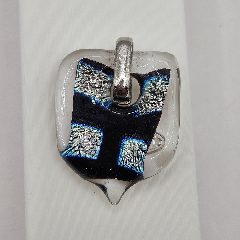 Genuine Murano Italy Glass Murano Pendant Blue Black Silver Crackle Square